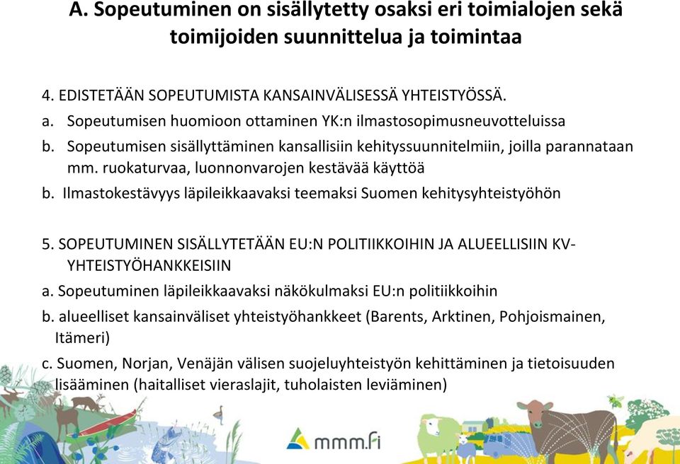 ruokaturvaa, luonnonvarojen kestävää käyttöä b. Ilmastokestävyys läpileikkaavaksi teemaksi Suomen kehitysyhteistyöhön 5.