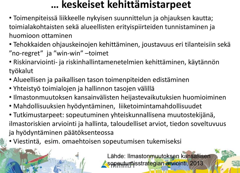 tason toimenpiteiden edistäminen Yhteistyö toimialojen ja hallinnon tasojen välillä Ilmastonmuutoksen kansainvälisten heijastevaikutuksien huomioiminen Mahdollisuuksien hyödyntäminen,