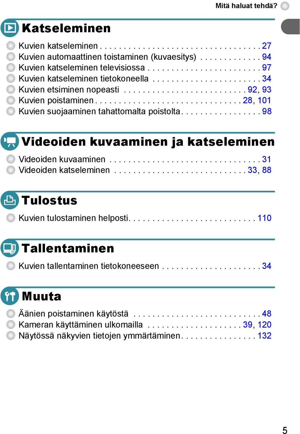 .............................. 8, 0 Kuvien suojaaminen tahattomalta poistolta................. 98 Videoiden kuvaaminen ja katseleminen Videoiden kuvaaminen................................ 3 Videoiden katseleminen.