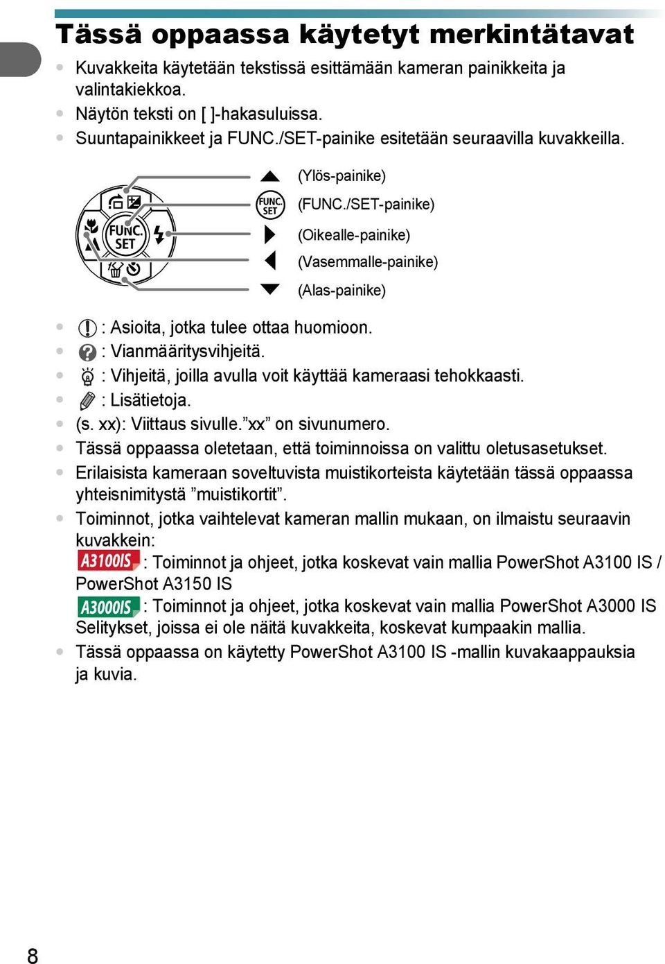 : Vihjeitä, joilla avulla voit käyttää kameraasi tehokkaasti. : Lisätietoja. (s. xx): Viittaus sivulle. xx on sivunumero. Tässä oppaassa oletetaan, että toiminnoissa on valittu oletusasetukset.