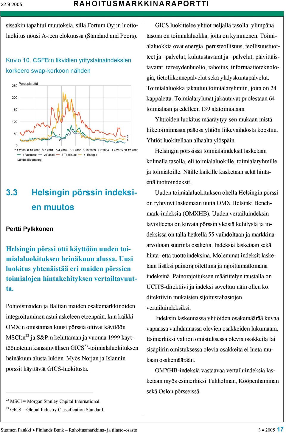 2005 1 Vakuutus 2 Pankki 3 Teollisuus 4 Energia Lähde: Bloomberg. 1 2 3.3 Helsingin pörssin indeksien muutos Pertti Pylkkönen Helsingin pörssi otti käyttöön uuden toimialaluokituksen heinäkuun alussa.