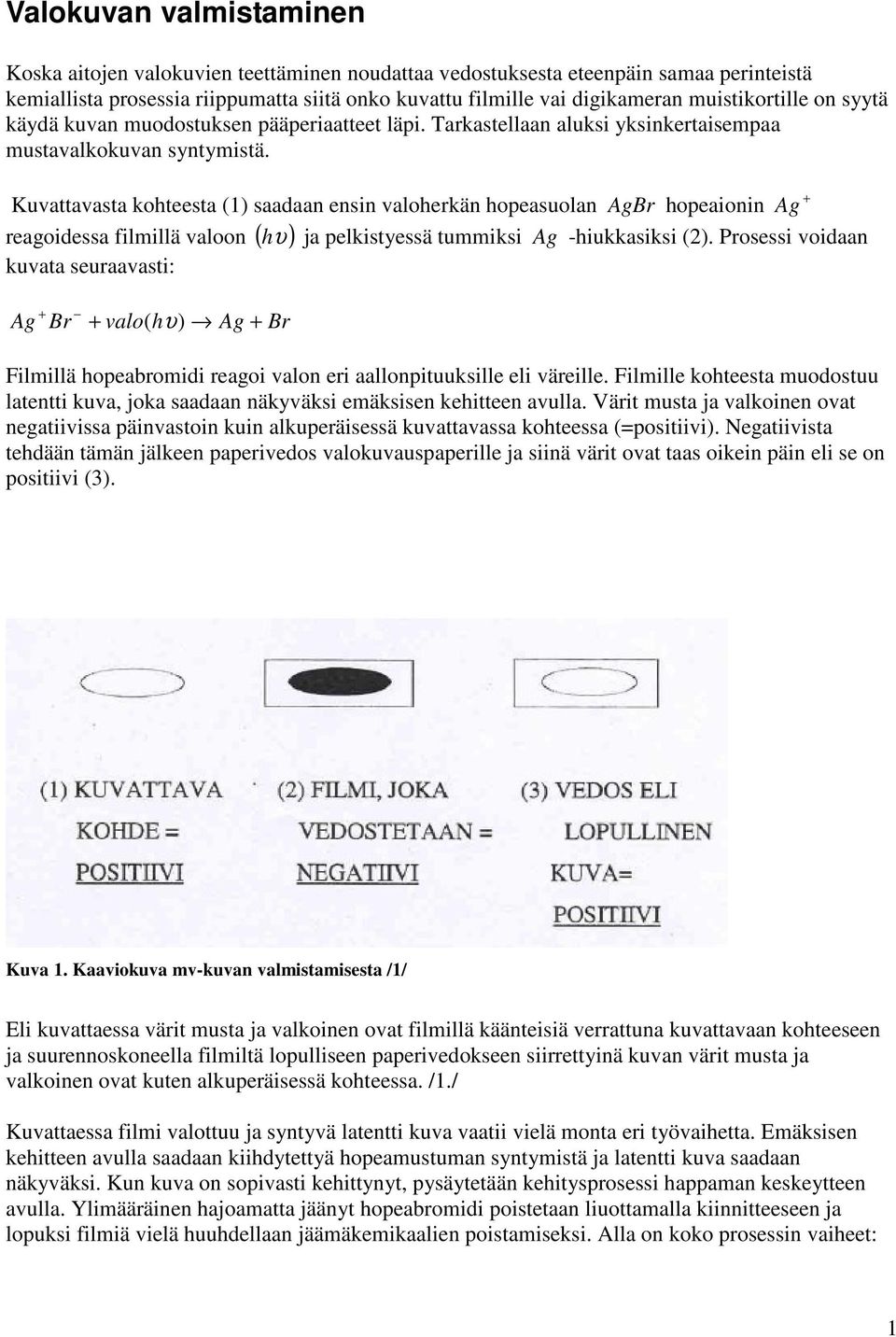 + Kuvattavasta kohteesta (1) saadaan ensin valoherkän hopeasuolan AgBr hopeaionin Ag reagoidessa filmillä valoon ( h υ) ja pelkistyessä tummiksi Ag -hiukkasiksi (2).