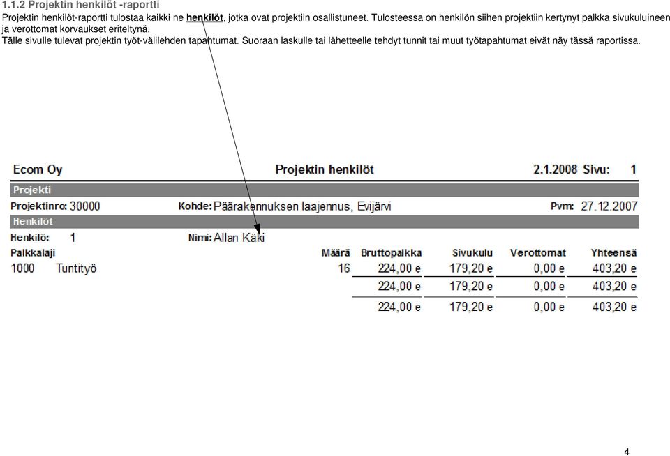 Tulosteessa on henkilön siihen projektiin kertynyt palkka sivukuluineen ja verottomat korvaukset