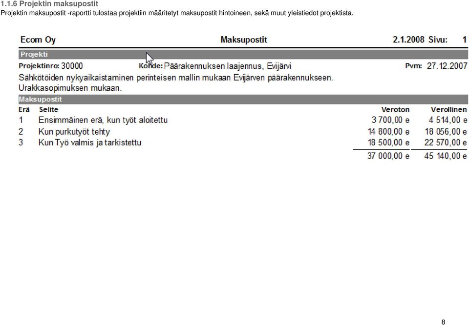 projektiin määritetyt maksupostit