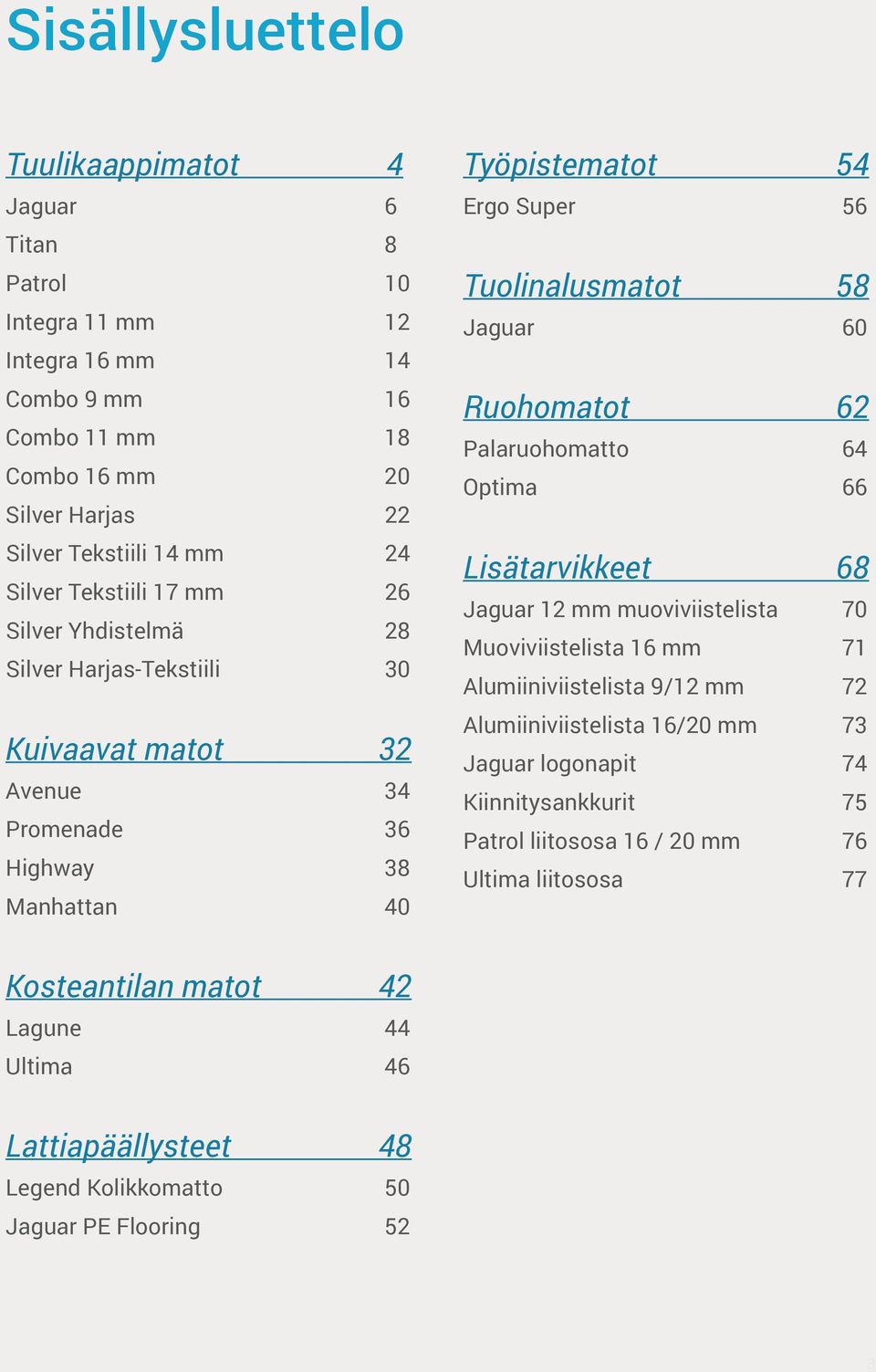 60 Ruohomatot 62 Palaruohomatto 64 Optima 66 Lisätarvikkeet 68 Jaguar 12 mm muoviviistelista 70 Muoviviistelista 16 mm 71 Alumiiniviistelista 9/12 mm 72 Alumiiniviistelista 16/20 mm 73 Jaguar