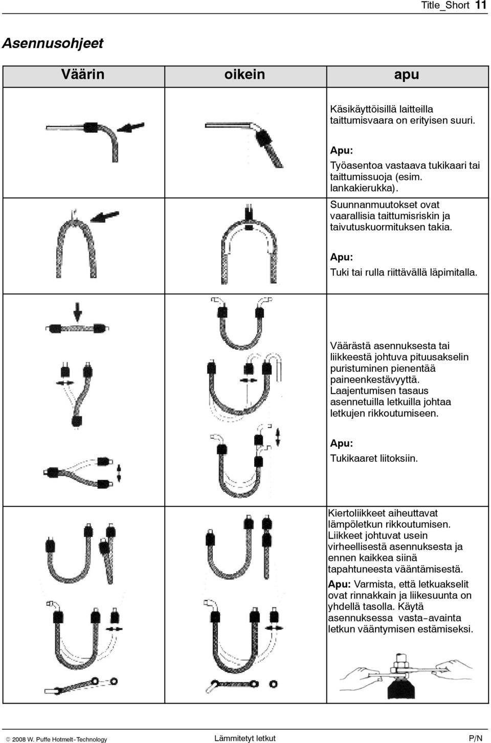 Väärästä asennuksesta tai liikkeestä johtuva pituusakselin puristuminen pienentää paineenkestävyyttä. Laajentumisen tasaus asennetuilla letkuilla johtaa letkujen rikkoutumiseen.