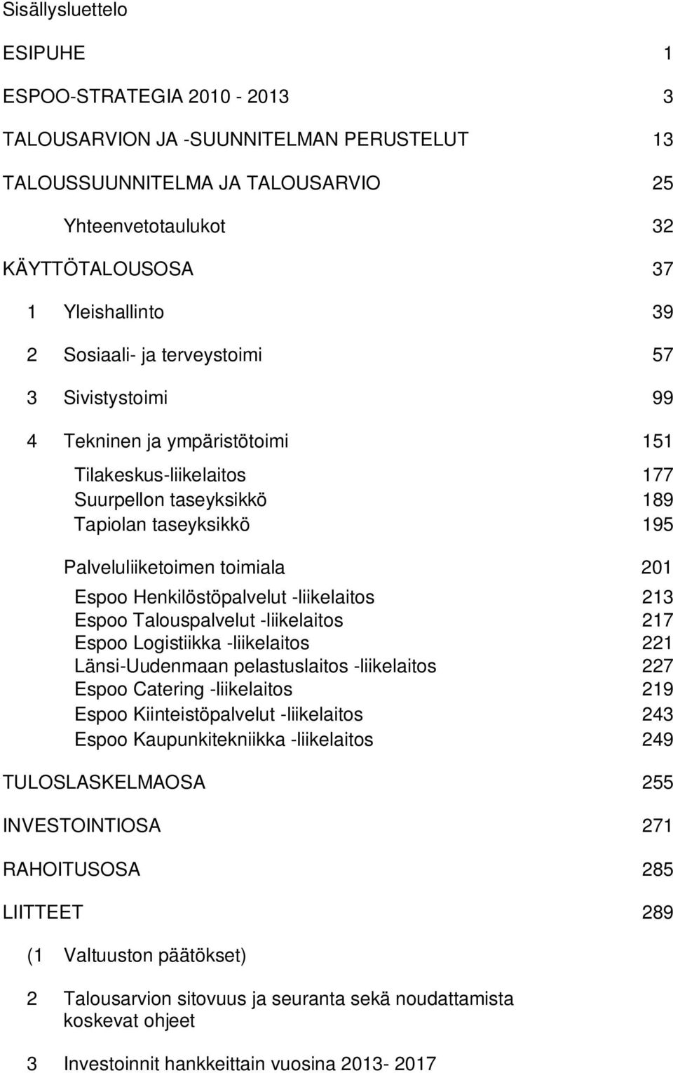 Henkilöstöpalvelut -liikelaitos 213 Espoo Talouspalvelut -liikelaitos 217 Espoo Logistiikka -liikelaitos 221 Länsi-Uudenmaan pelastuslaitos -liikelaitos 227 Espoo Catering -liikelaitos 219 Espoo