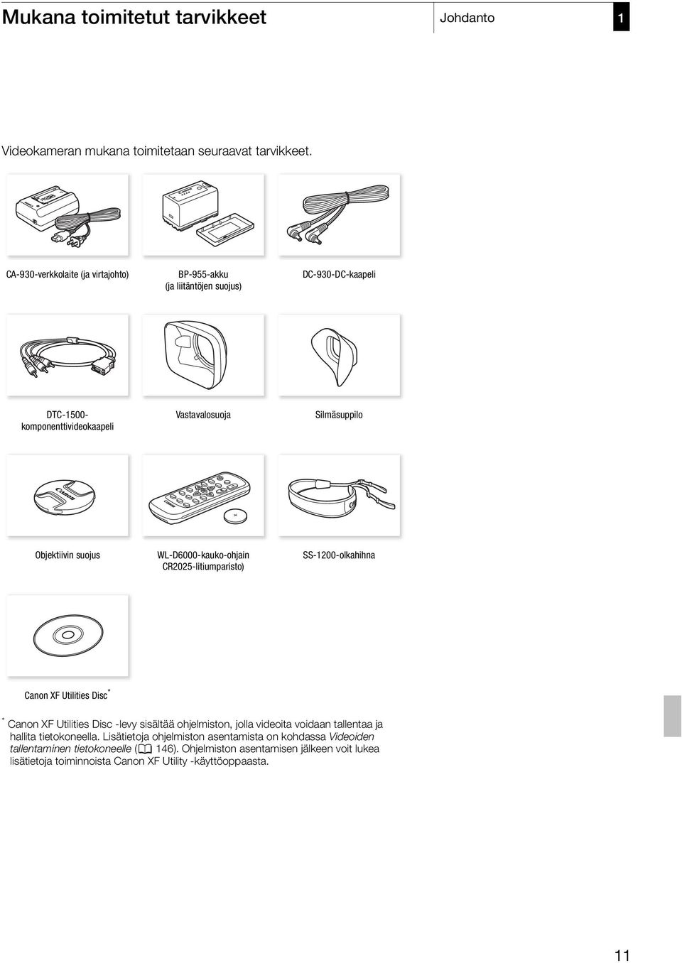 WL-D6000-kauko-ohjain CR2025-litiumparisto) SS-1200-olkahihna Canon XF Utilities Disc * * Canon XF Utilities Disc -levy sisältää ohjelmiston, jolla videoita voidaan
