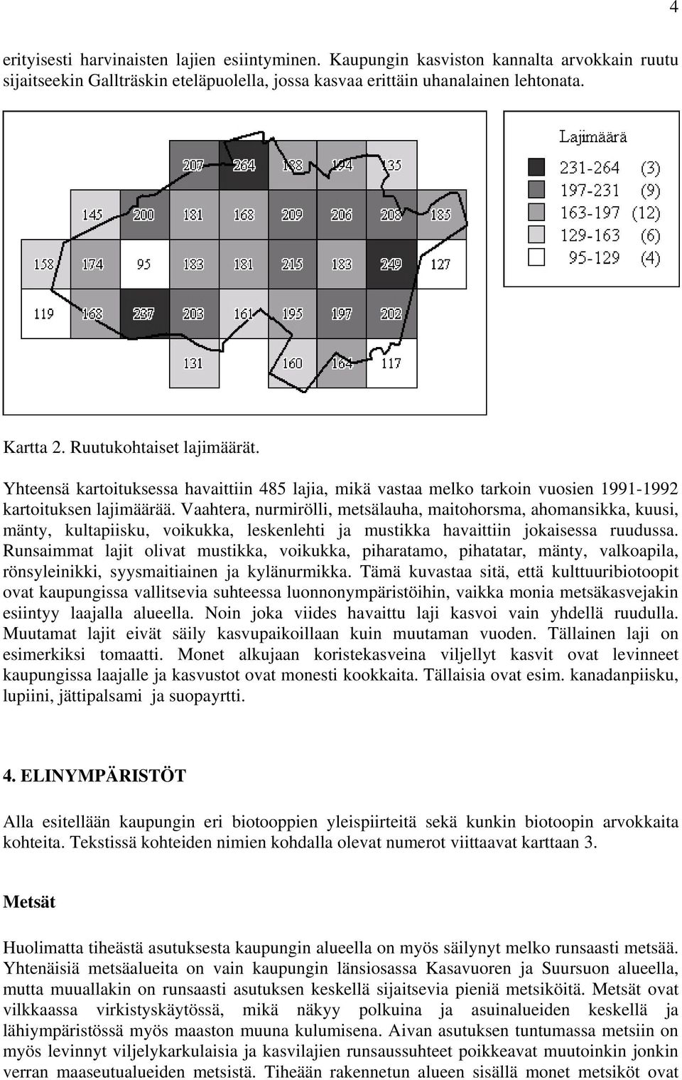 Vaahtera, nurmirölli, metsälauha, maitohorsma, ahomansikka, kuusi, mänty, kultapiisku, voikukka, leskenlehti ja mustikka havaittiin jokaisessa ruudussa.