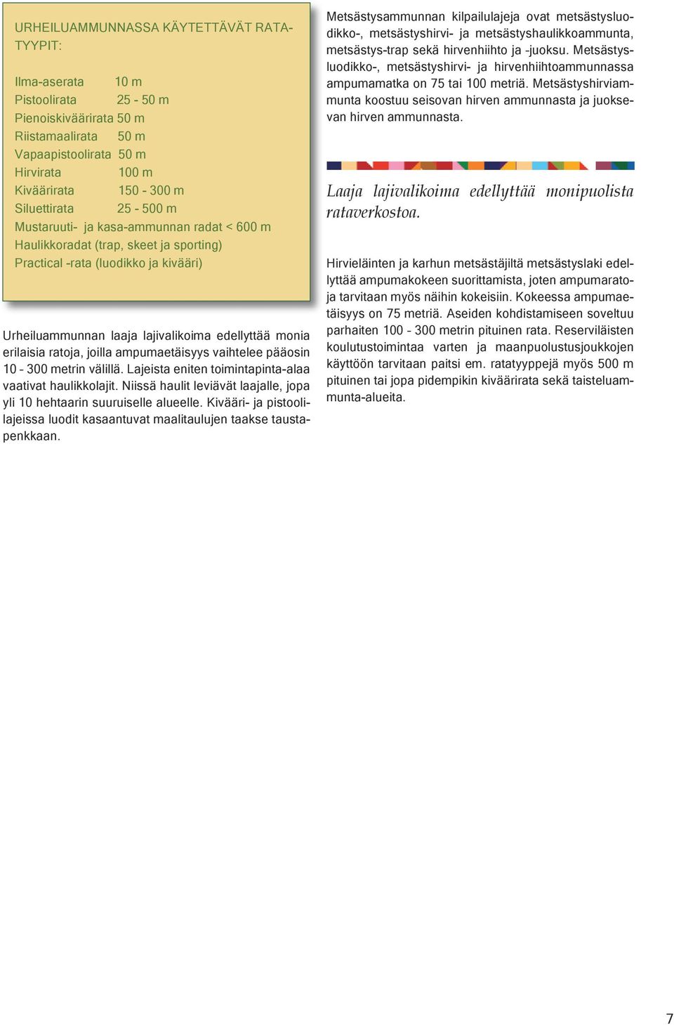 erilaisia ratoja, joilla ampumaetäisyys vaihtelee pääosin 10 300 metrin välillä. Lajeista eniten toimintapinta-alaa vaativat haulikkolajit.