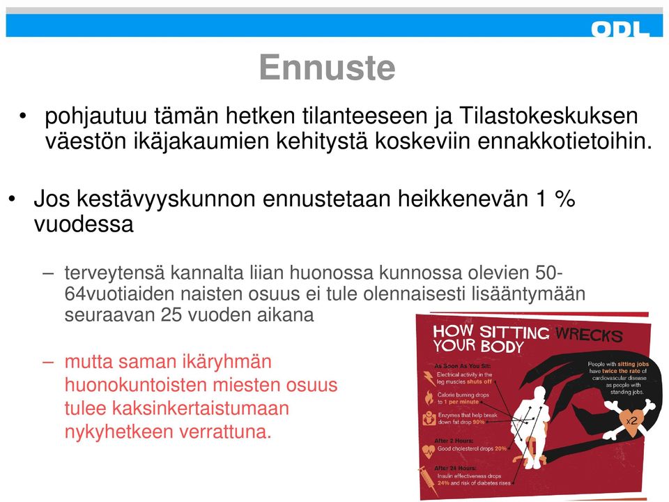 Jos kestävyyskunnon ennustetaan heikkenevän 1 % vuodessa terveytensä kannalta liian huonossa kunnossa