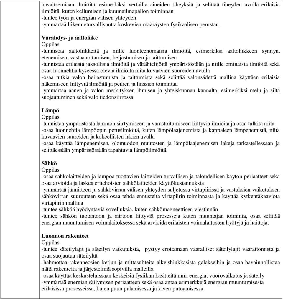 Värähdys- ja aaltoliike -tunnistaa aaltoliikkeitä ja niille luonteenomaisia ilmiöitä, esimerkiksi aaltoliikkeen synnyn, etenemisen, vastaanottamisen, heijastumisen ja taittumisen -tunnistaa erilaisia