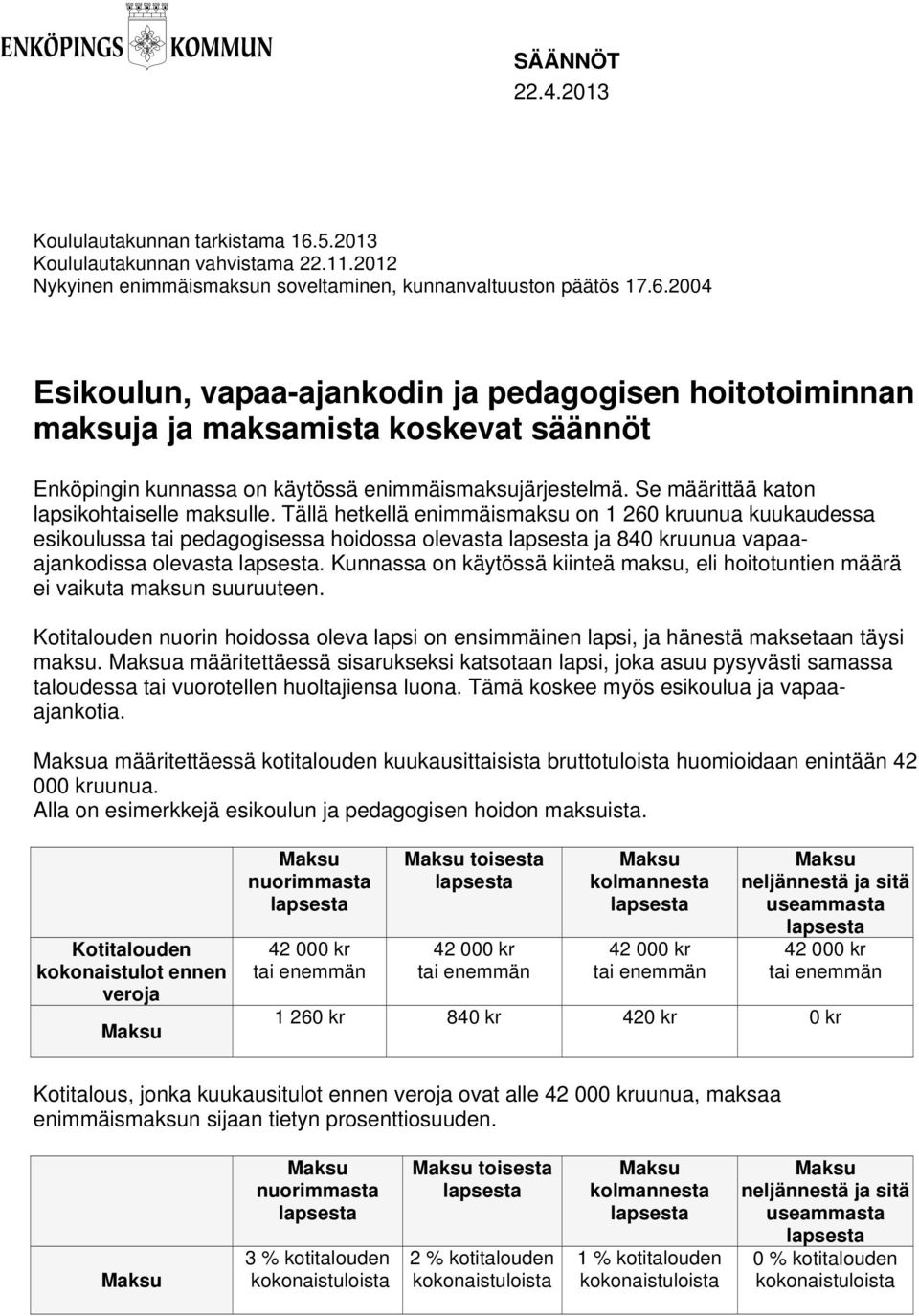 2004 Esikoulun, vapaa-ajankodin ja pedagogisen hoitotoiminnan maksuja ja maksamista koskevat säännöt Enköpingin kunnassa on käytössä enimmäismaksujärjestelmä.