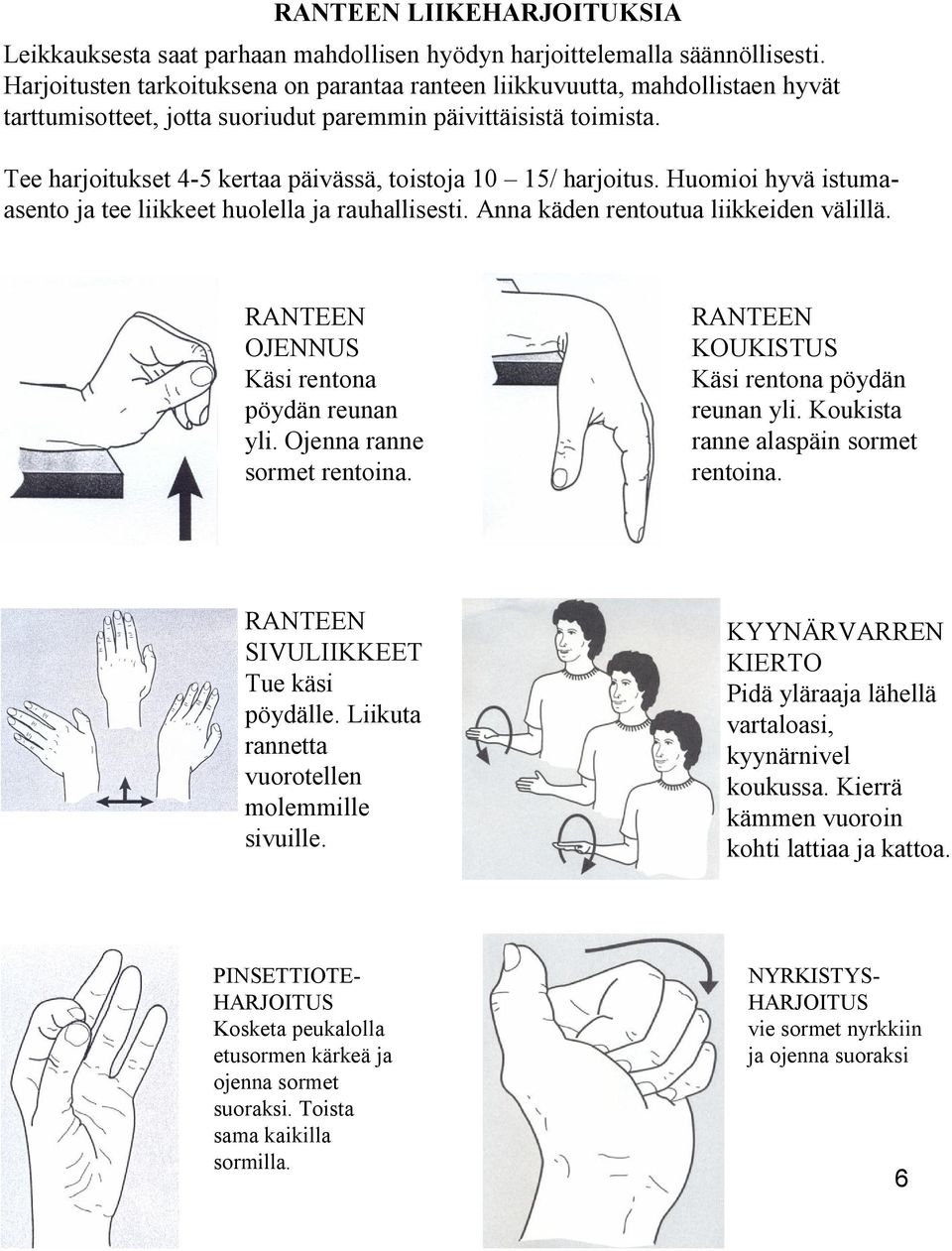 Tee harjoitukset 4-5 kertaa päivässä, toistoja 10 15/ harjoitus. Huomioi hyvä istumaasento ja tee liikkeet huolella ja rauhallisesti. Anna käden rentoutua liikkeiden välillä.