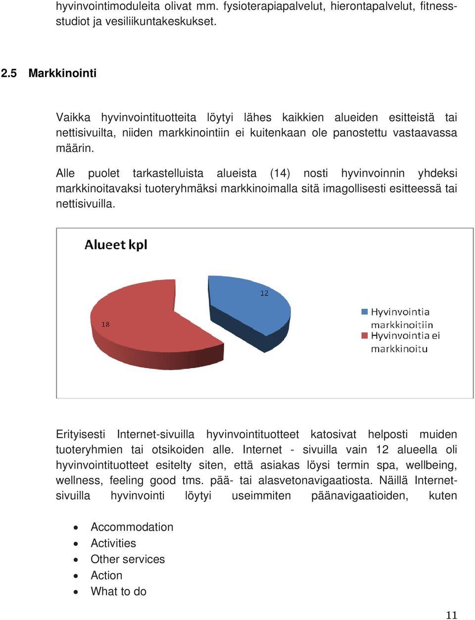 Alle puolet tarkastelluista alueista (14) nosti hyvinvoinnin yhdeksi markkinoitavaksi tuoteryhmäksi markkinoimalla sitä imagollisesti esitteessä tai nettisivuilla.