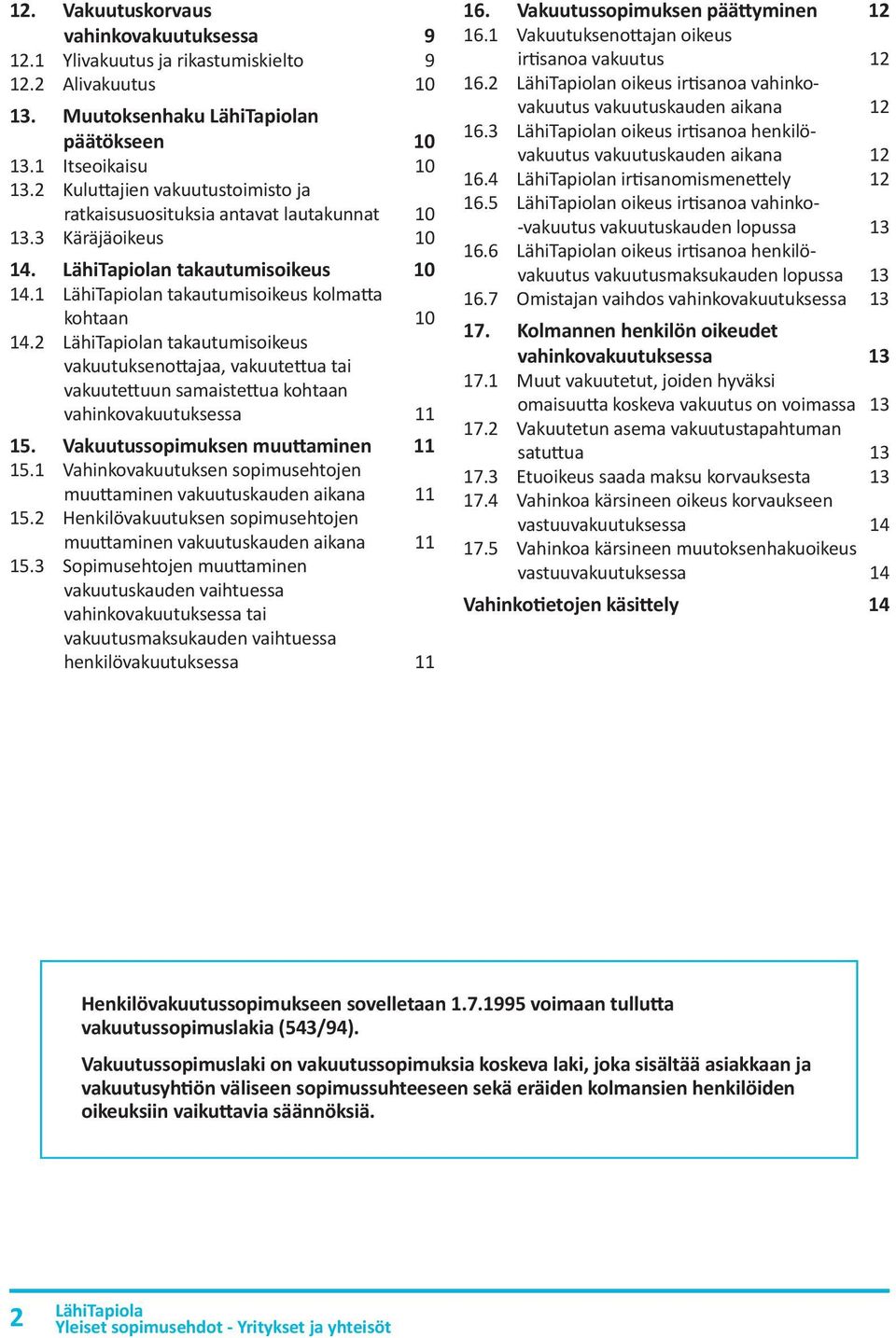 2 n takautumisoikeus vakuutuksenottajaa, vakuutettua tai vakuutettuun samaistettua kohtaan vahinkovakuutuksessa 11 15. Vakuutussopimuksen muuttaminen 11 15.