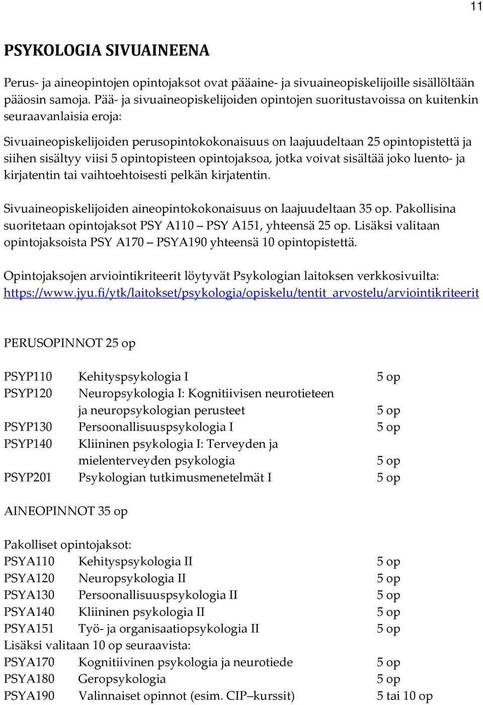 5 opintopisteen opintojaksoa, jotka voivat sisältää joko luento ja kirjatentin tai vaihtoehtoisesti pelkän kirjatentin. Sivuaineopiskelijoiden aineopintokokonaisuus on laajuudeltaan 35 op.