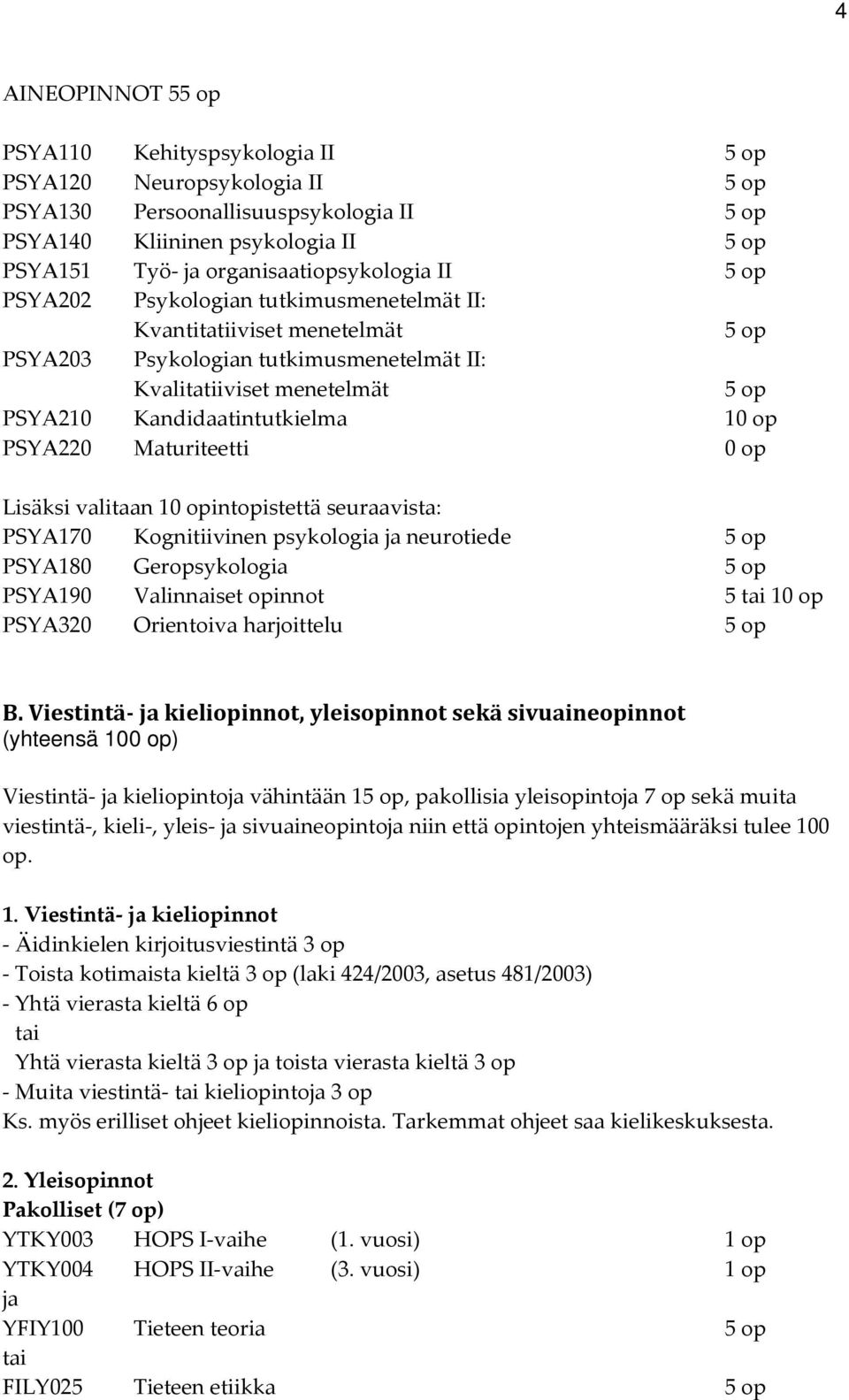 Kandidaatintutkielma 10 op PSYA220 Maturiteetti 0 op Lisäksi valitaan 10 opintopistettä seuraavista: PSYA170 Kognitiivinen psykologia ja neurotiede 5 op PSYA180 Geropsykologia 5 op PSYA190