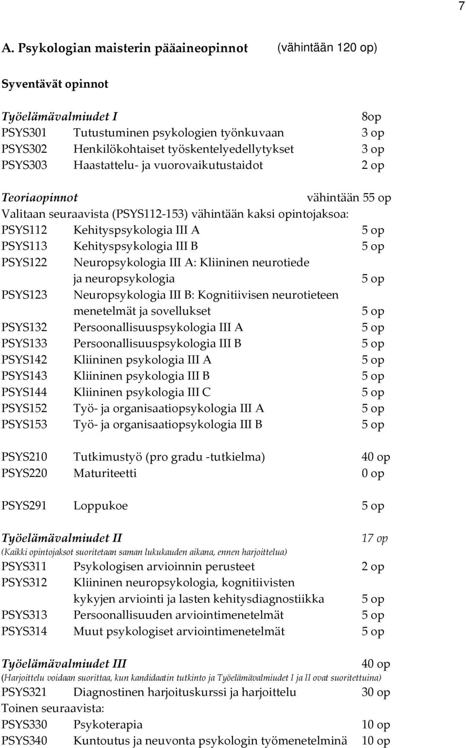 III A 5 op PSYS113 Kehityspsykologia III B 5 op PSYS122 Neuropsykologia III A: Kliininen neurotiede ja neuropsykologia 5 op PSYS123 Neuropsykologia III B: Kognitiivisen neurotieteen menetelmät ja