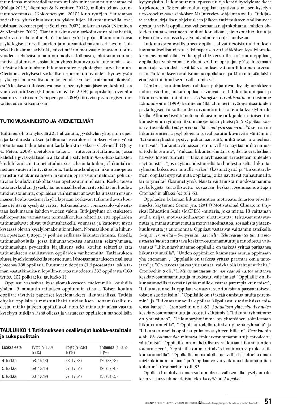 Tämän tutkimuksen tarkoituksena oli selvittää, arvioivatko alakoulun 4. 6. luokan tytöt ja pojat liikuntatuntiensa psykologisen turvallisuuden ja n eri tavoin.