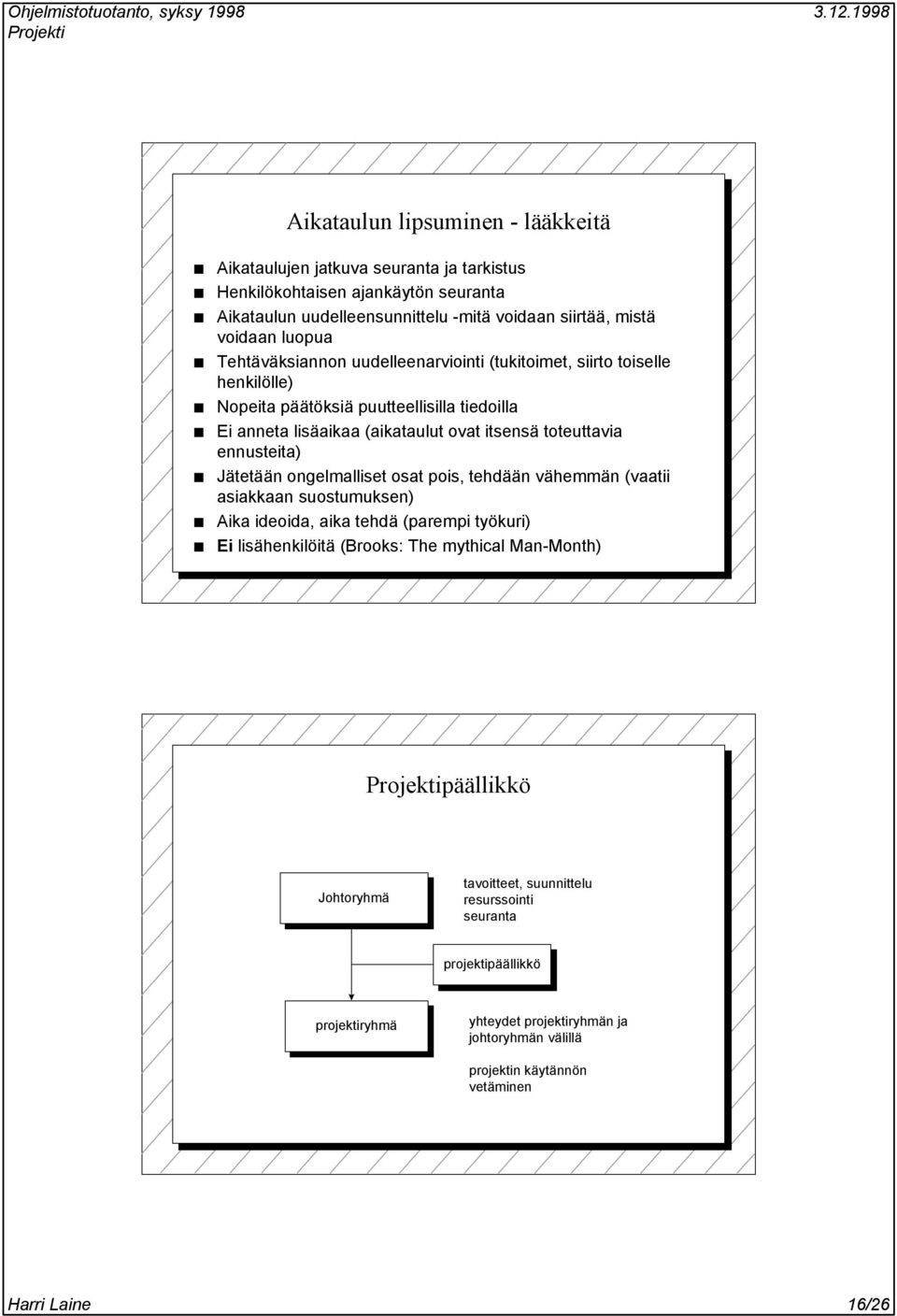 ennusteita) Jätetään ongelmalliset osat pois, tehdään vähemmän (vaatii asiakkaan suostumuksen) Aika ideoida, aika tehdä (parempi työkuri) Ei lisähenkilöitä (Brooks: The mythical