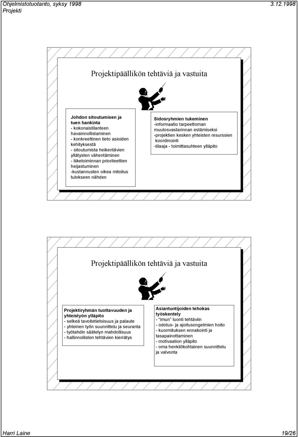 kesken yhteisten resurssien koordinointi -tilaaja - toimittasuhteen ylläpito päällikön tehtäviä ja vastuita ryhmän tuottavuuden ja yhteistyön ylläpito - selkeä tavoitetietoisuus ja palaute - yhteinen