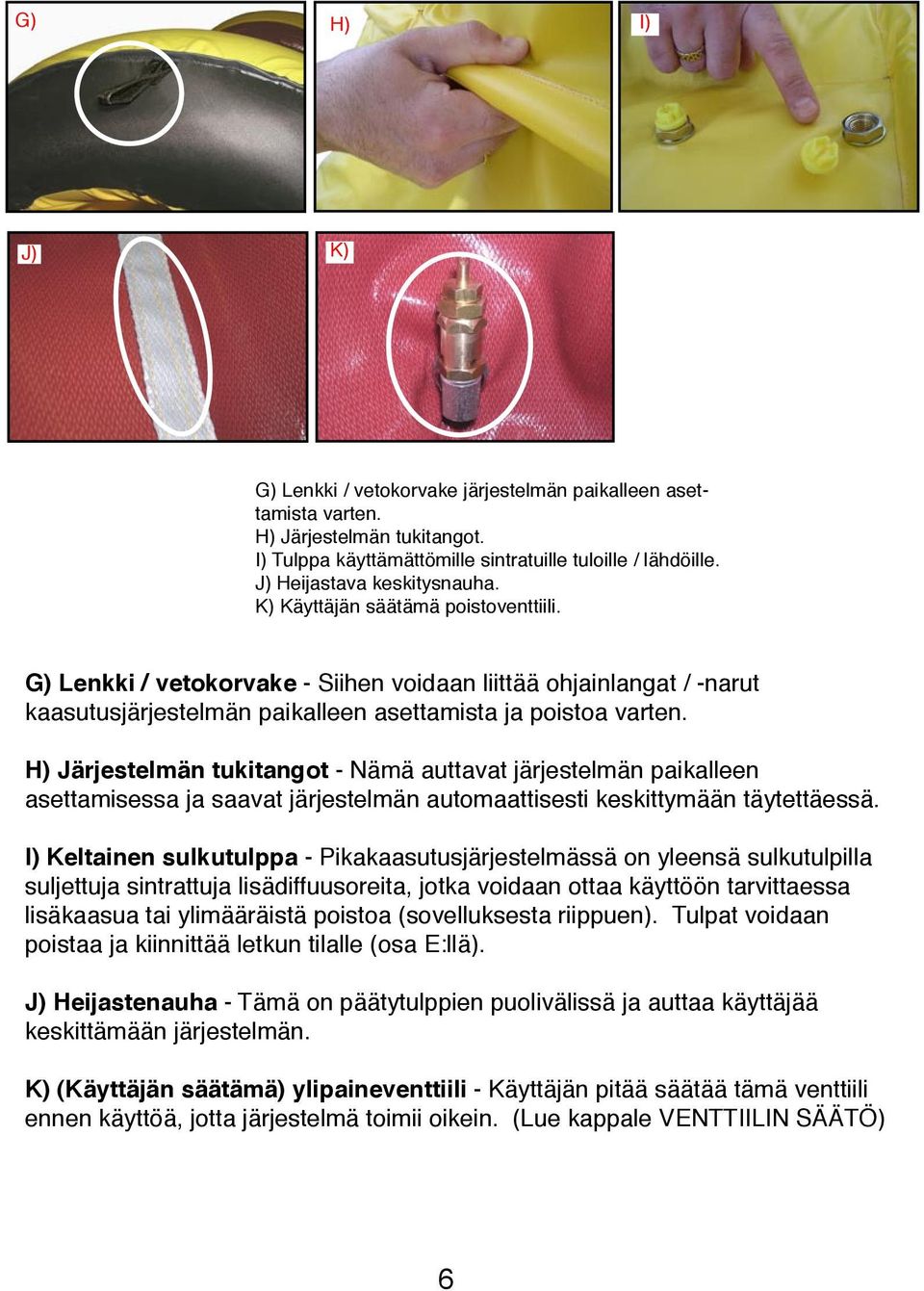 H) Järjestelmän tukitangot - Nämä auttavat järjestelmän paikalleen asettamisessa ja saavat järjestelmän automaattisesti keskittymään täytettäessä.