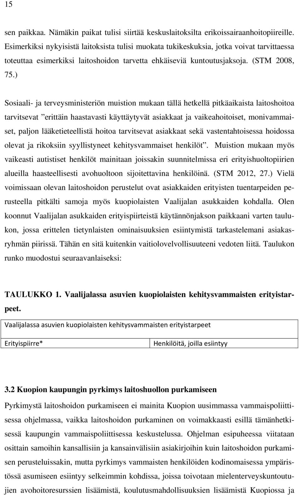 ) Sosiaali- ja terveysministeriön muistion mukaan tällä hetkellä pitkäaikaista laitoshoitoa tarvitsevat erittäin haastavasti käyttäytyvät asiakkaat ja vaikeahoitoiset, monivammaiset, paljon