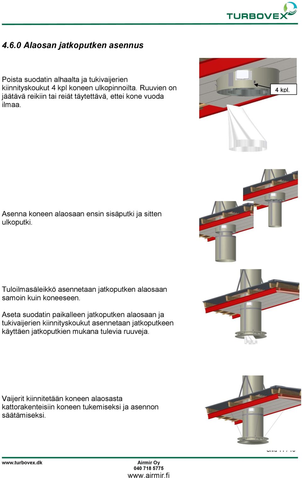 Tuloilmasäleikkö asennetaan jatkoputken alaosaan samoin kuin koneeseen.