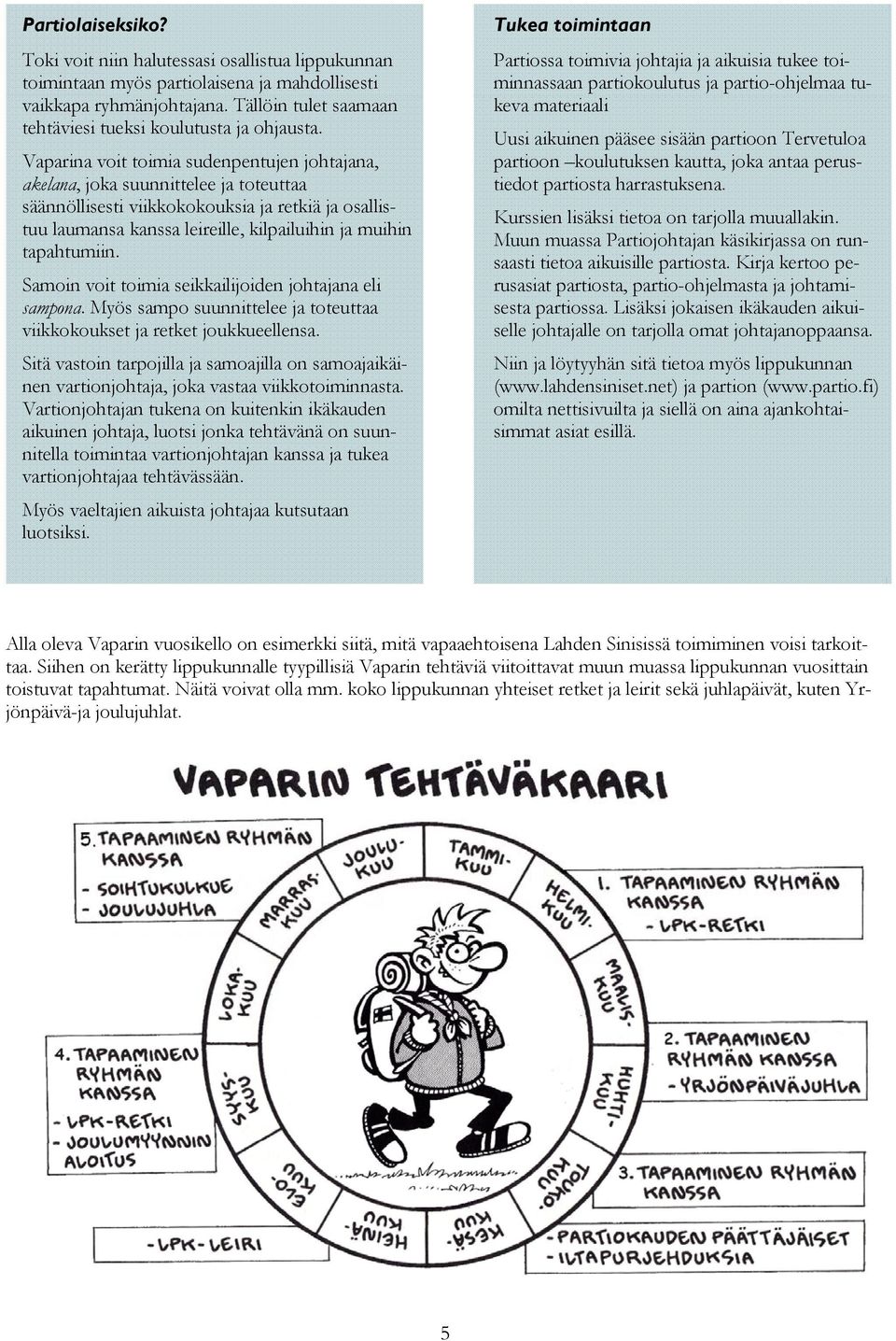 Vaparina voit toimia sudenpentujen johtajana, akelana, joka suunnittelee ja toteuttaa säännöllisesti viikkokokouksia ja retkiä ja osallistuu laumansa kanssa leireille, kilpailuihin ja muihin