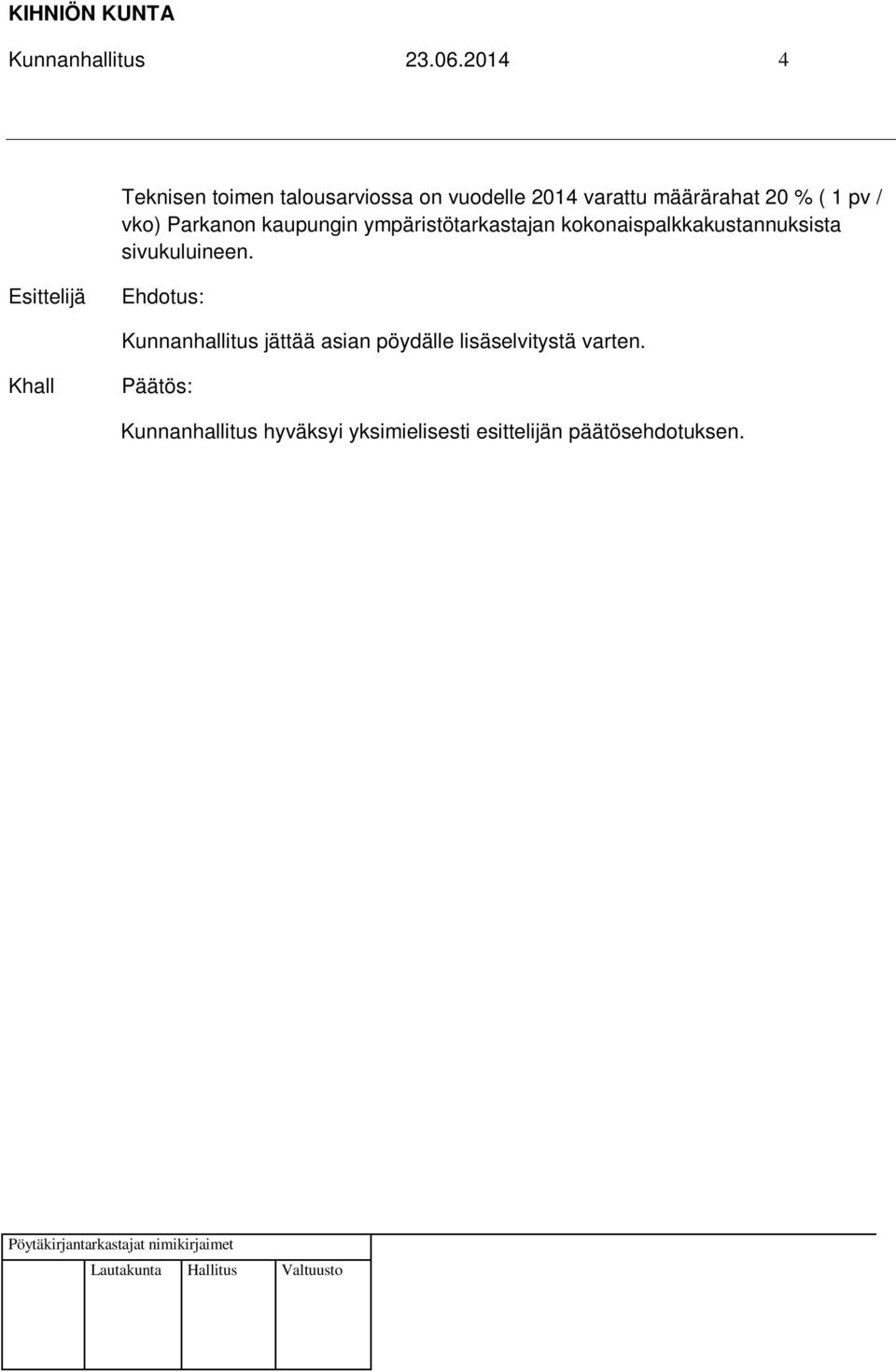 määrärahat 20 % ( 1 pv / vko) Parkanon kaupungin
