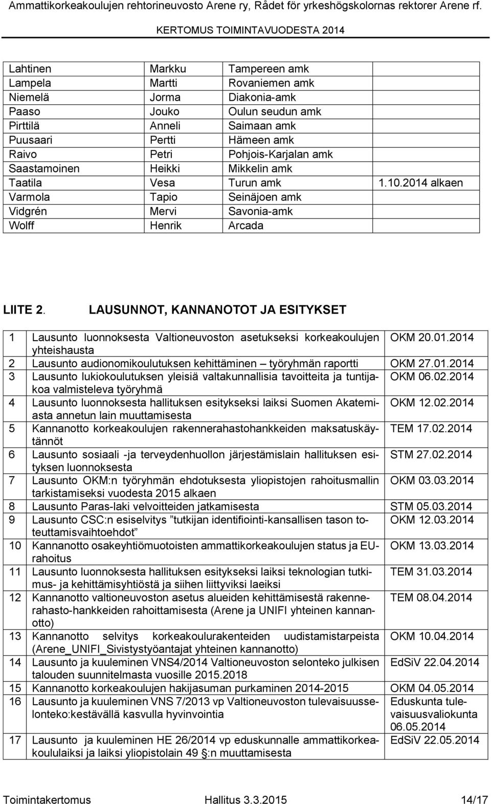 LAUSUNNOT, KANNANOTOT JA ESITYKSET 1 Lausunto luonnoksesta Valtioneuvoston asetukseksi korkeakoulujen OKM 20.01.