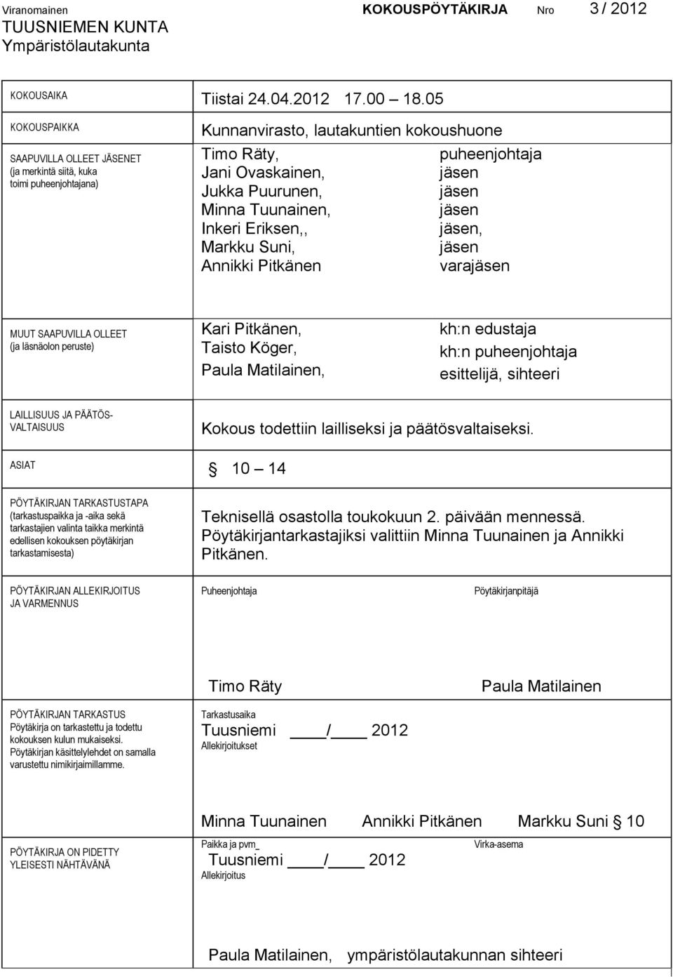 Eriksen,, Markku Suni, Annikki Pitkänen puheenjohtaja jäsen jäsen jäsen jäsen, jäsen varajäsen MUUT SAAPUVILLA OLLEET (ja läsnäolon peruste) Kari Pitkänen, Taisto Köger, Paula Matilainen, kh:n