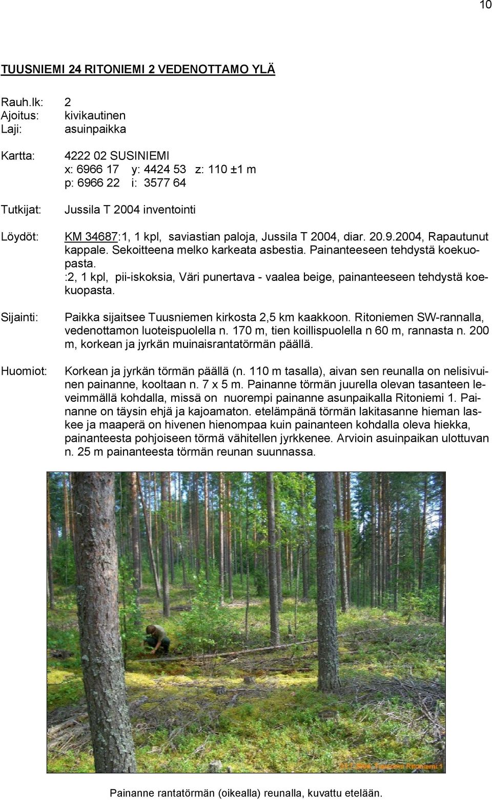 :2, 1 kpl, pii-iskoksia, Väri punertava - vaalea beige, painanteeseen tehdystä koekuopasta. Paikka sijaitsee Tuusniemen kirkosta 2,5 km kaakkoon.