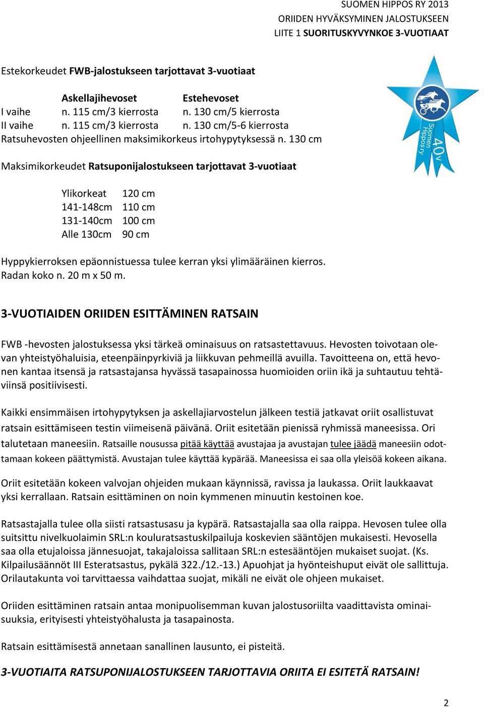 130 cm Maksimikorkeudet Ratsuponijalostukseen tarjottavat 3 vuotiaat Ylikorkeat 120 cm 141 148cm 110 cm 131 140cm 100 cm Alle 130cm 90 cm Hyppykierroksen epäonnistuessa tulee kerran yksi ylimääräinen