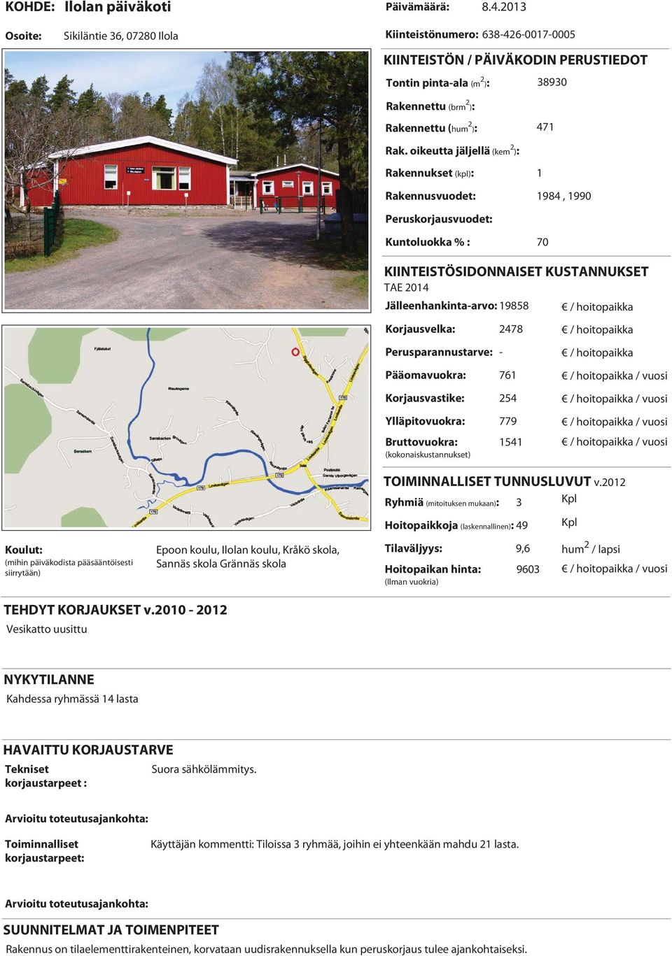 19858 2478 761 254 779 1541 3 49 Epoon koulu, Ilolan koulu, Kråkö skola, Sannäs skola Grännäs skola 9,6 9603 TEHDYT KORJAUKSET v.