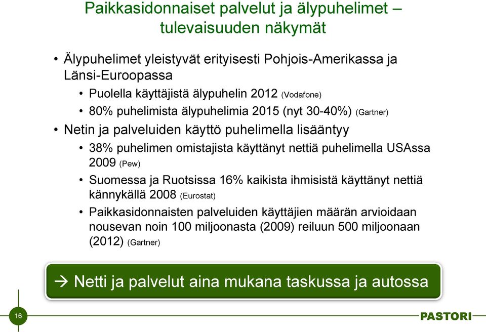 käyttänyt nettiä puhelimella USAssa 2009 (Pew) Suomessa ja Ruotsissa 16% kaikista ihmisistä käyttänyt nettiä kännykällä 2008 (Eurostat) Paikkasidonnaisten