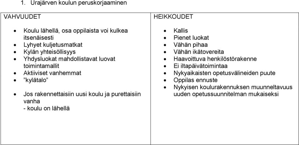 purettaisiin vanha - koulu on lähellä Kallis Pienet luokat Vähän pihaa Vähän ikätovereita Haavoittuva henkilöstörakenne Ei