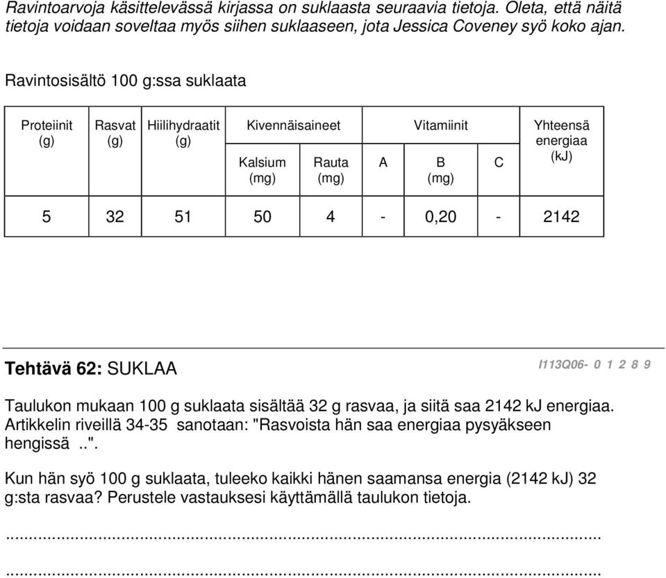 SUKLAA I113Q06-0 1 2 8 9 Taulukon mukaan 100 g suklaata sisältää 32 g rasvaa, ja siitä saa 2142 kj energiaa.