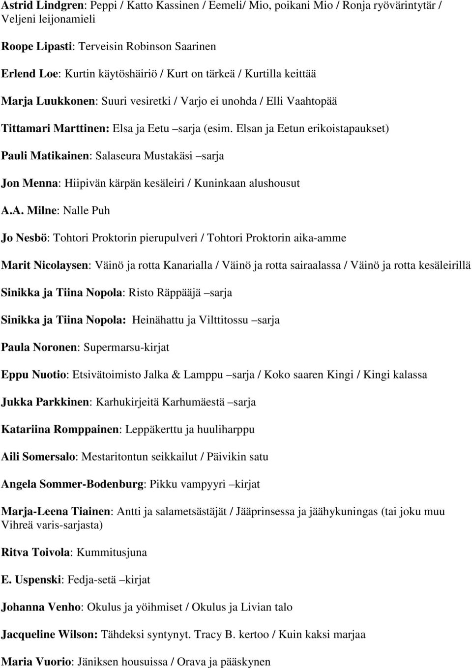 Elsan ja Eetun erikoistapaukset) Pauli Matikainen: Salaseura Mustakäsi sarja Jon Menna: Hiipivän kärpän kesäleiri / Kuninkaan alushousut A.