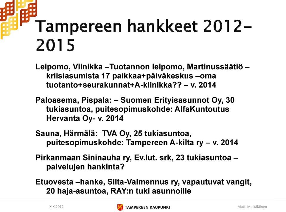 2014 Paloasema, Pispala: Suomen Erityisasunnot Oy, 30 tukiasuntoa, puitesopimuskohde: AlfaKuntoutus Hervanta Oy- v.