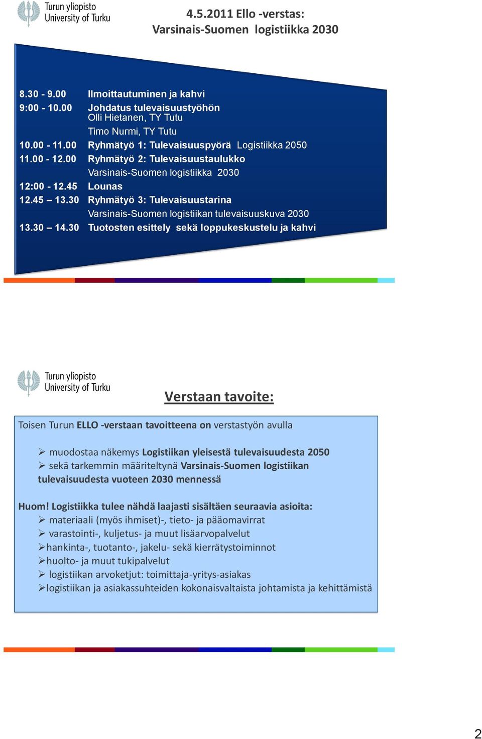 00 alueellinen Alustukset nykytila(3 kpl /á 10-15 min) Logistiikan Johdatus alueellinen tulevaisuustyöhön nykytila(3 sekä kpl kyselyn /á 10-15 tuloksia min) Johdatus (Tutu 15 min) tulevaisuustyöhön