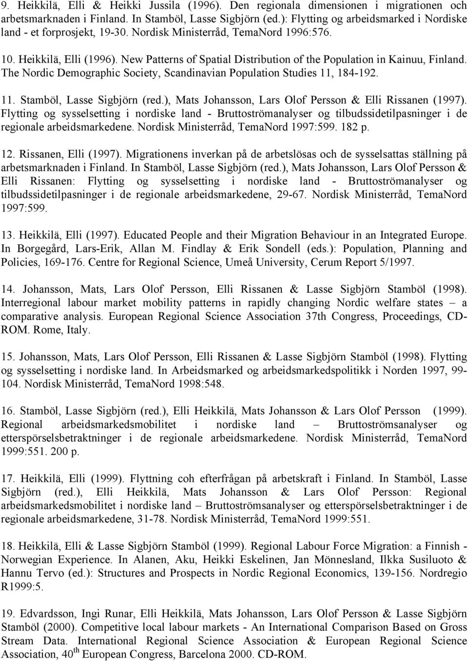 New Patterns of Spatial Distribution of the Population in Kainuu, Finland. The Nordic Demographic Society, Scandinavian Population Studies 11, 184-192. 11. Stamböl, Lasse Sigbjörn (red.