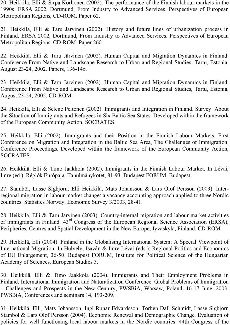 ERSA 2002, Dortmund, From Industry to Advanced Services. Perspectives of European Metropolitan Regions, CD-ROM. Paper 260. 22. Heikkilä, Elli & Taru Järvinen (2002).