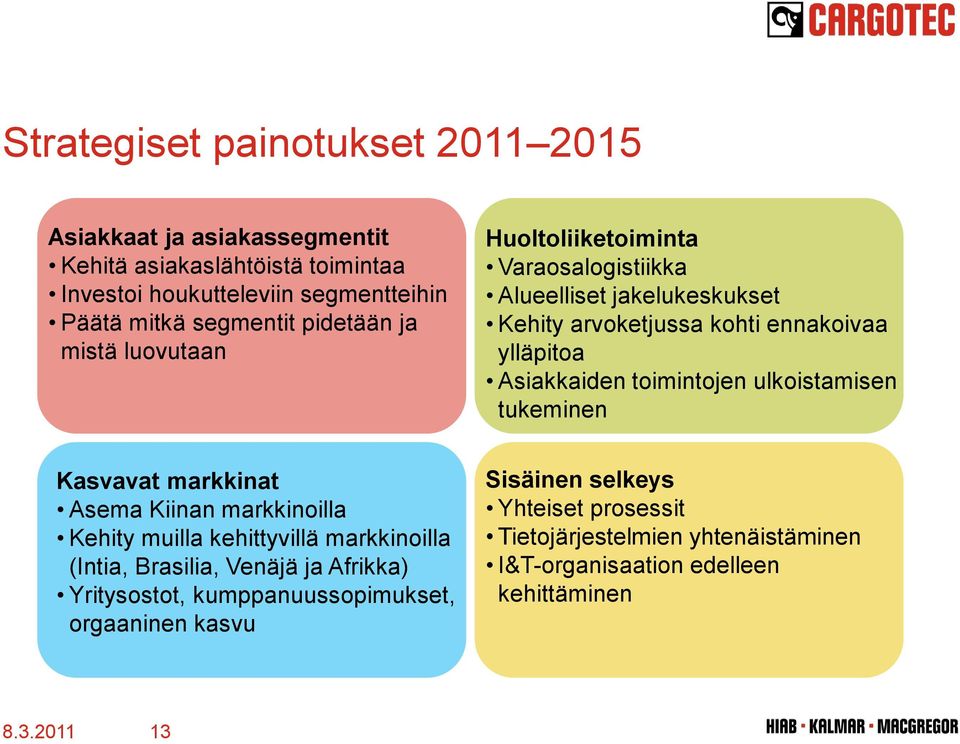 toimintojen ulkoistamisen tukeminen Kasvavat markkinat Asema Kiinan markkinoilla Kehity muilla kehittyvillä markkinoilla (Intia, Brasilia, Venäjä ja Afrikka)