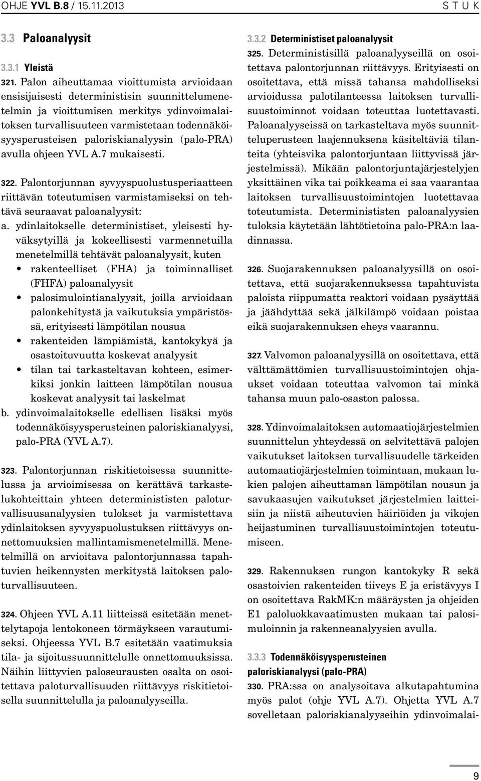 paloriskianalyysin (palo-pra) avulla ohjeen YVL A.7 mukaisesti. 322. Palontorjunnan syvyyspuolustusperiaatteen riittävän toteutumisen varmistamiseksi on tehtävä seuraavat paloanalyysit: a.