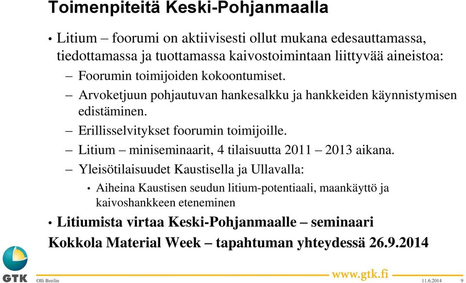 Erillisselvitykset foorumin toimijoille. Litium miniseminaarit, 4 tilaisuutta 2011 2013 aikana.