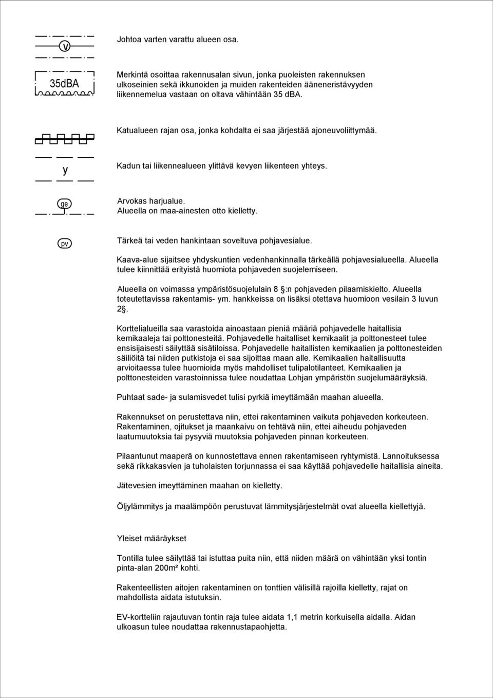 Katualueen rajan osa, jonka kohdalta ei saa järjestää ajoneuvoliittymää. y Kadun tai liikennealueen ylittävä kevyen liikenteen yhteys. ge Arvokas harjualue. Alueella on maa-ainesten otto kielletty.