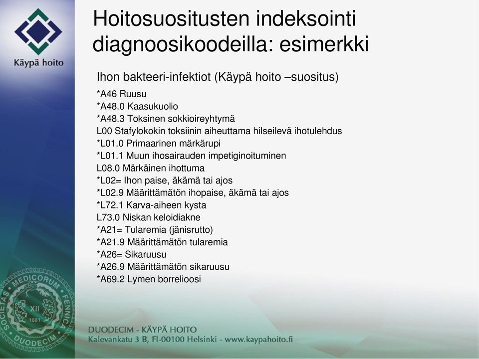 1Muunihosairaudenimpetiginoituminen L08.0Märkäinenihottuma *L02=Ihonpaise,äkämätaiajos *L02.9Määrittämätönihopaise,äkämätaiajos *L72.