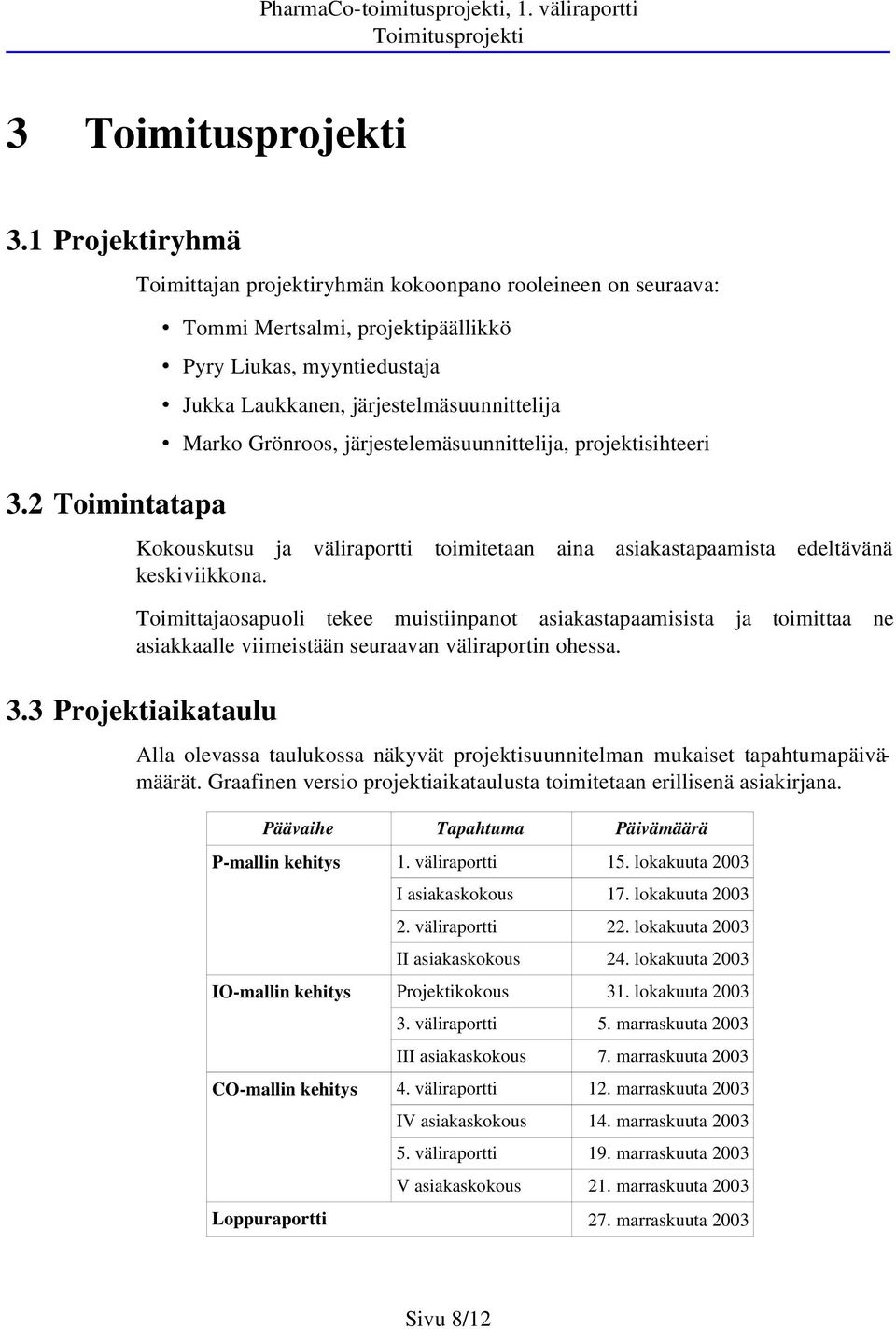 järjestelemäsuunnittelija, projektisihteeri Kokouskutsu ja väliraportti toimitetaan aina asiakastapaamista edeltävänä keskiviikkona.